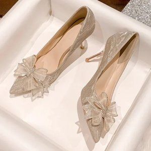 new wedding bridal shoes silver bow high heels female thin heel pointy toe small